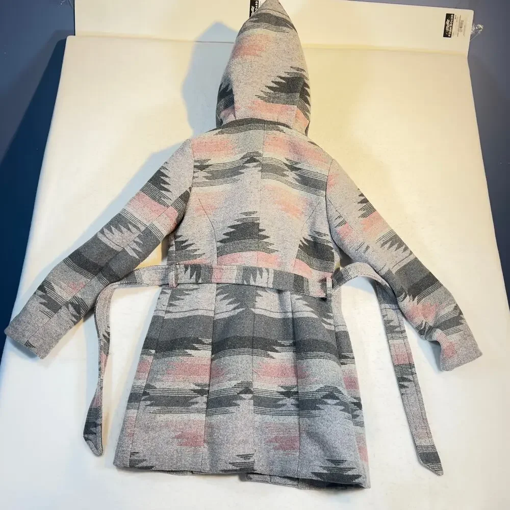 Coffee Shop Kids Mid Length Coat Girl XL Belted DEEEP Hood Poly Wool Blend Aztec